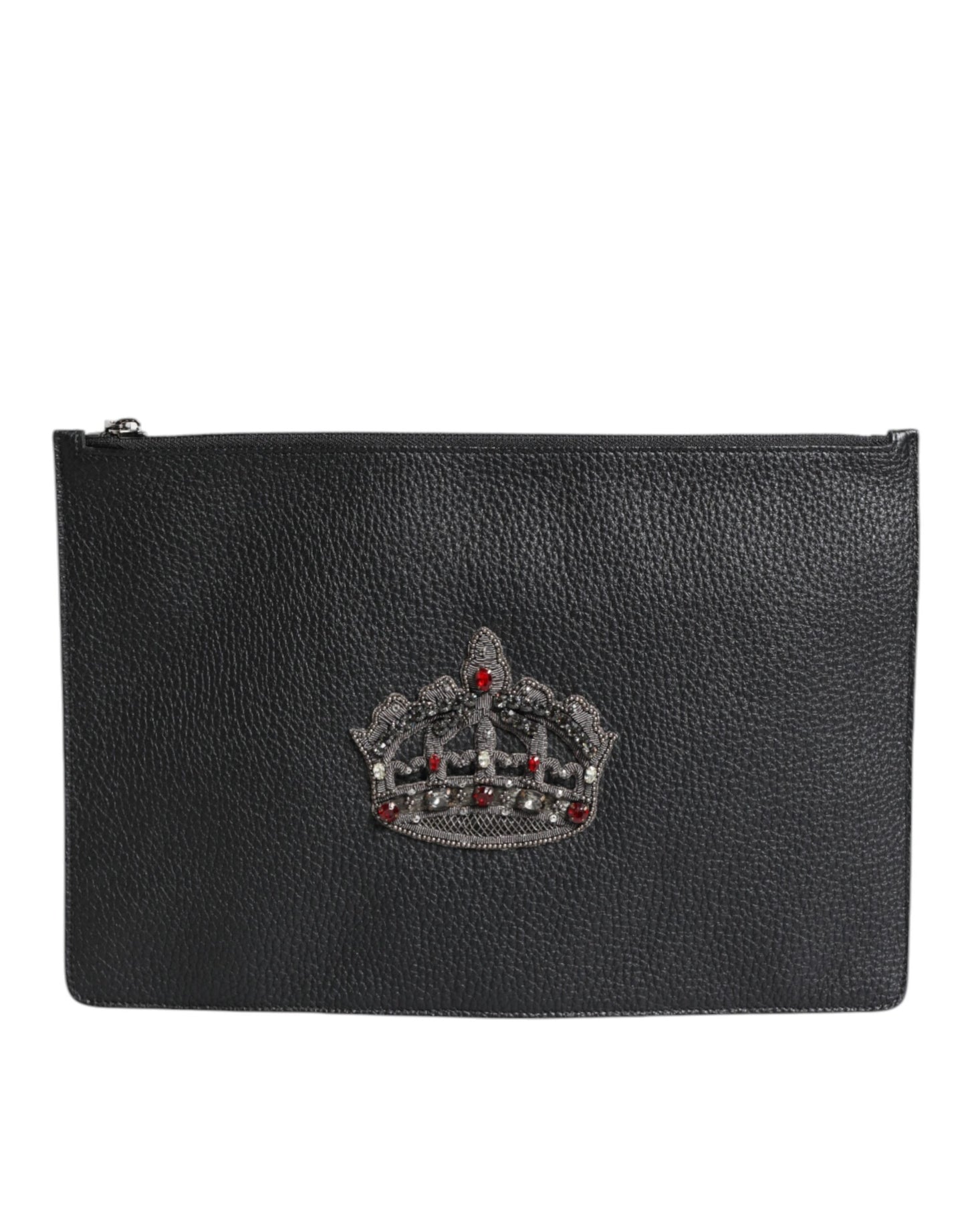 Black Calfskin Crown Embellished Clutch Pouch Bag