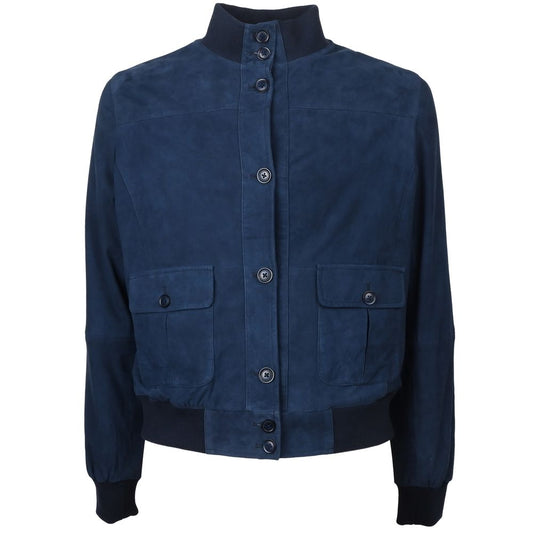 Blue Calfskin Men Bomber Jacket