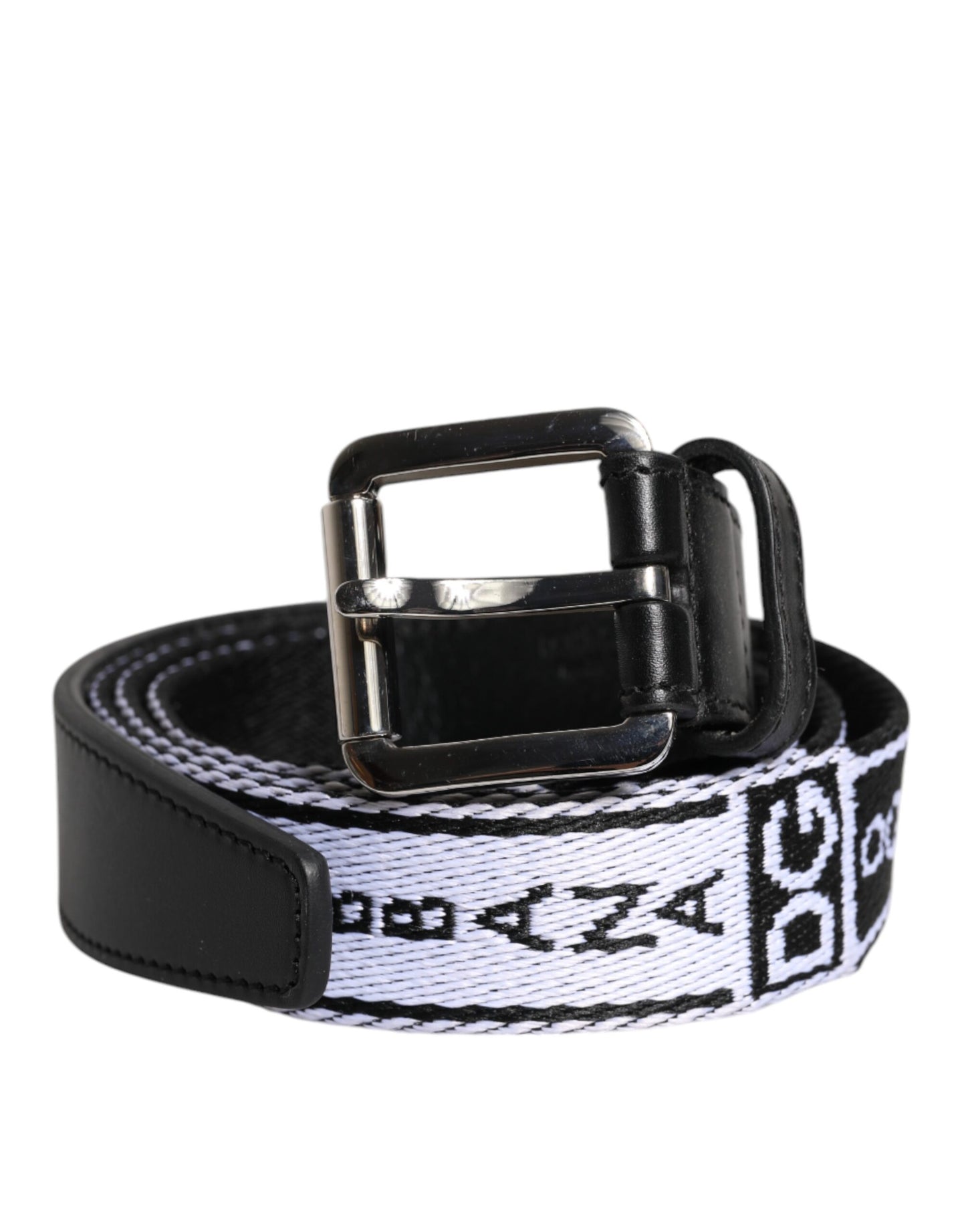 Black White Printed Metal Logo Buckle Belt