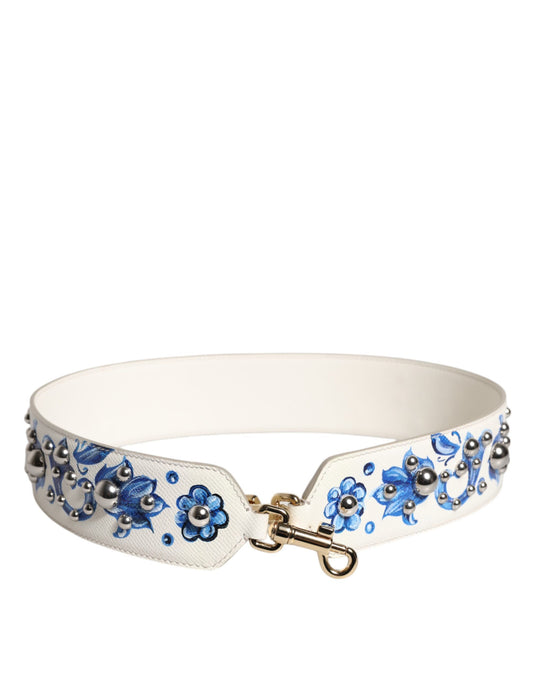 White Blue Floral Leather Stud Shoulder Strap