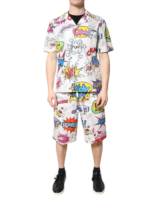 White Cartoon Print Cotton Men Pajama Set Sleepwear