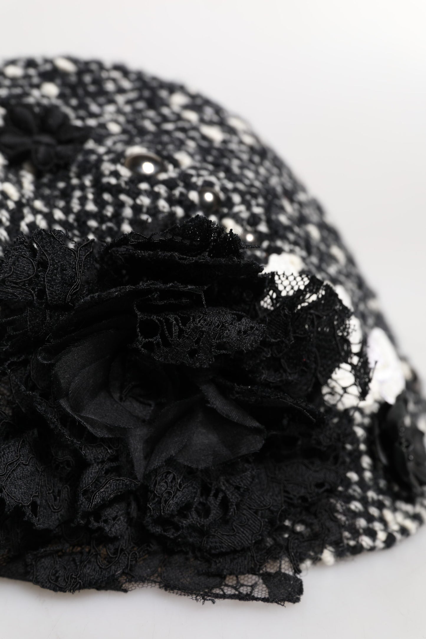 Black Wool White Floral Embellished Cloche Hat