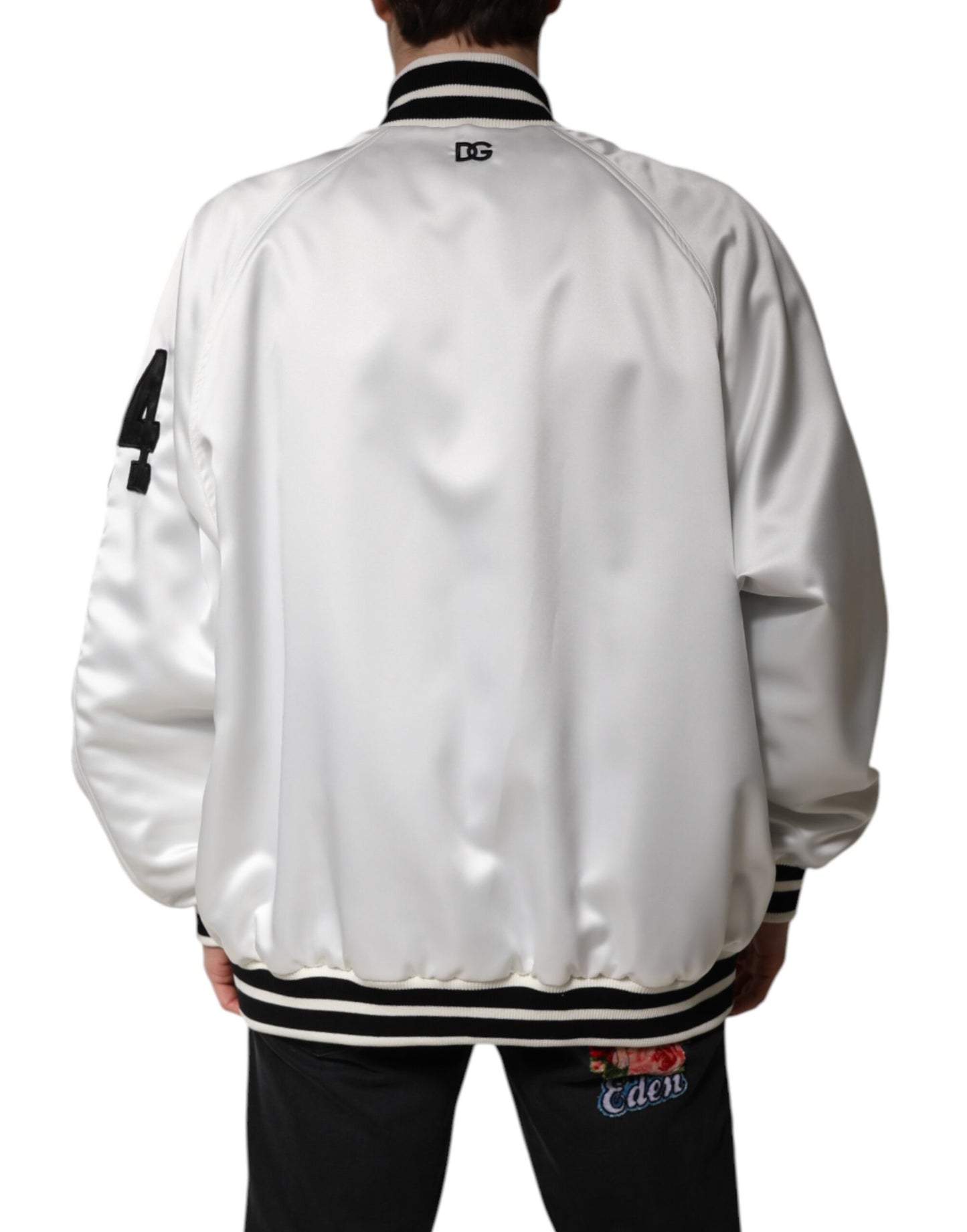 White DG Logo Polyester Jersey Bomber Jacket