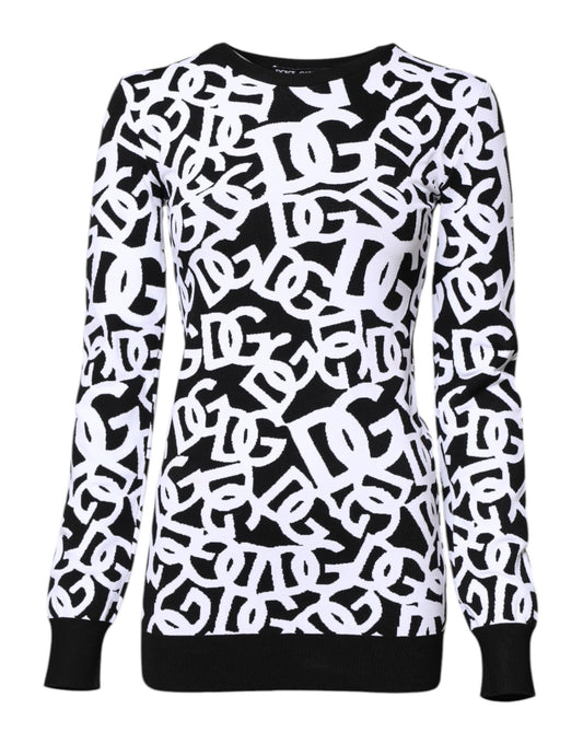 Black White Logo Print Women Pullover Sweater