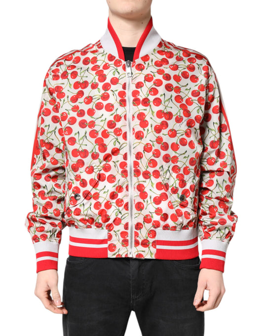 White Cherry Print Full Zip Bomber Jacket