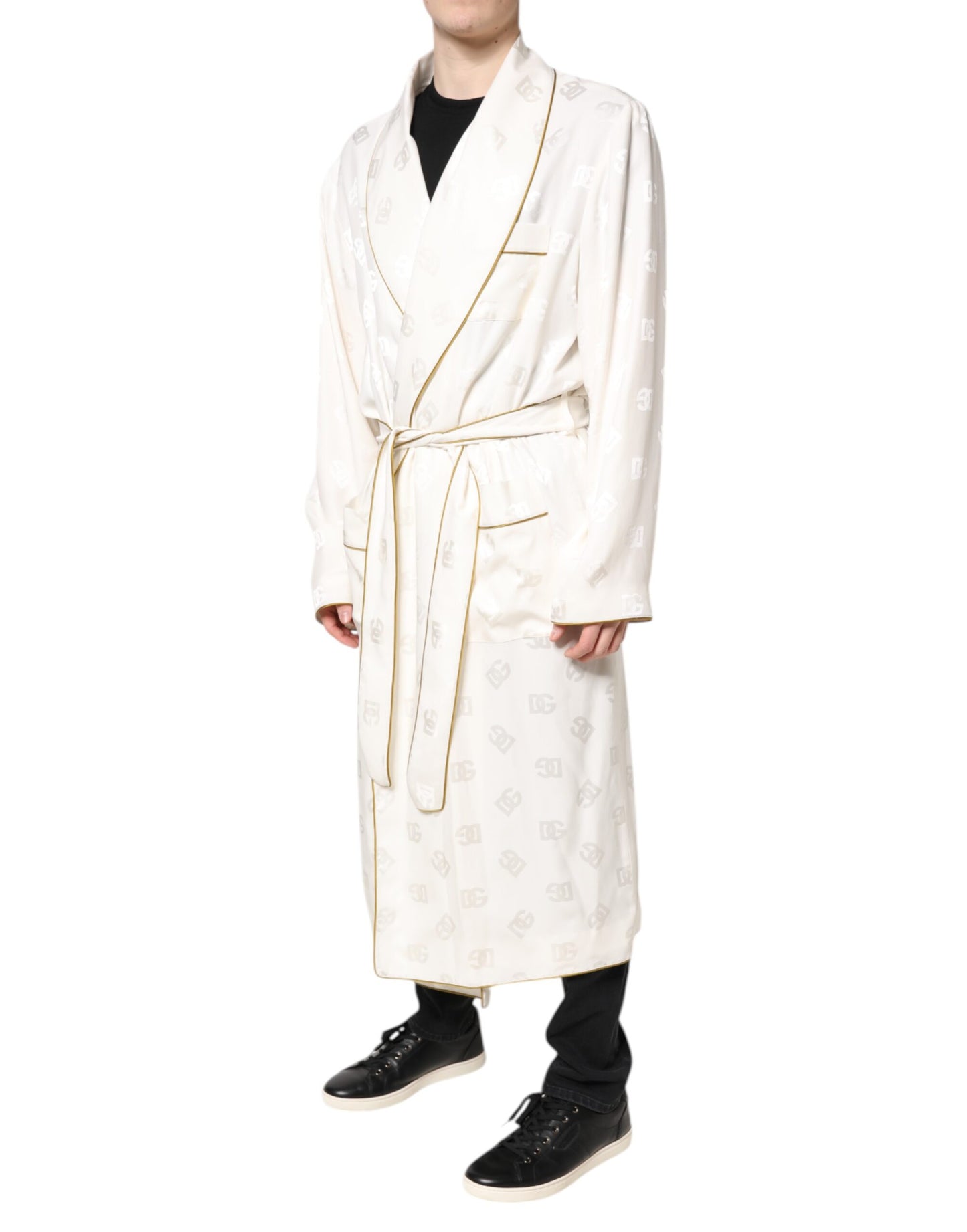 Ivory Silk Logo Men Wrap Robe Coat Jacket