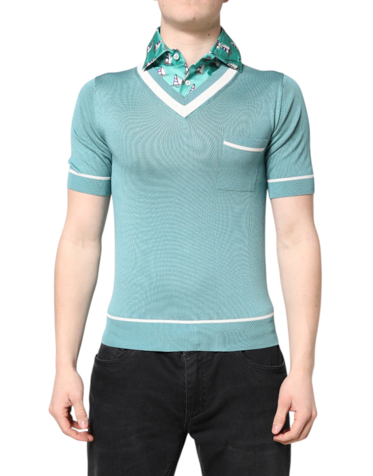Green Printed Collared Short Sleeve T-shirt