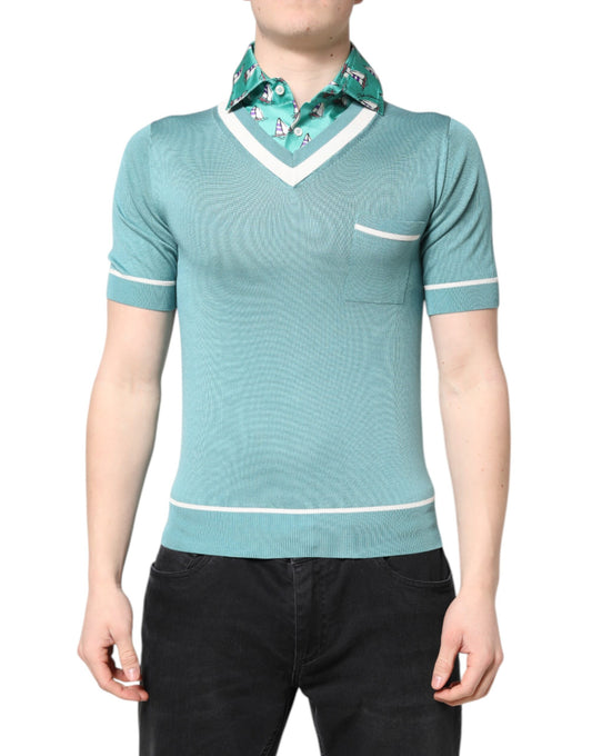 Green Printed Collared Short Sleeve T-shirt