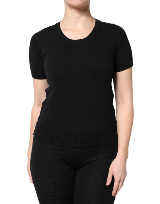 Black Cotton Round Neck Short Sleeve T-shirt