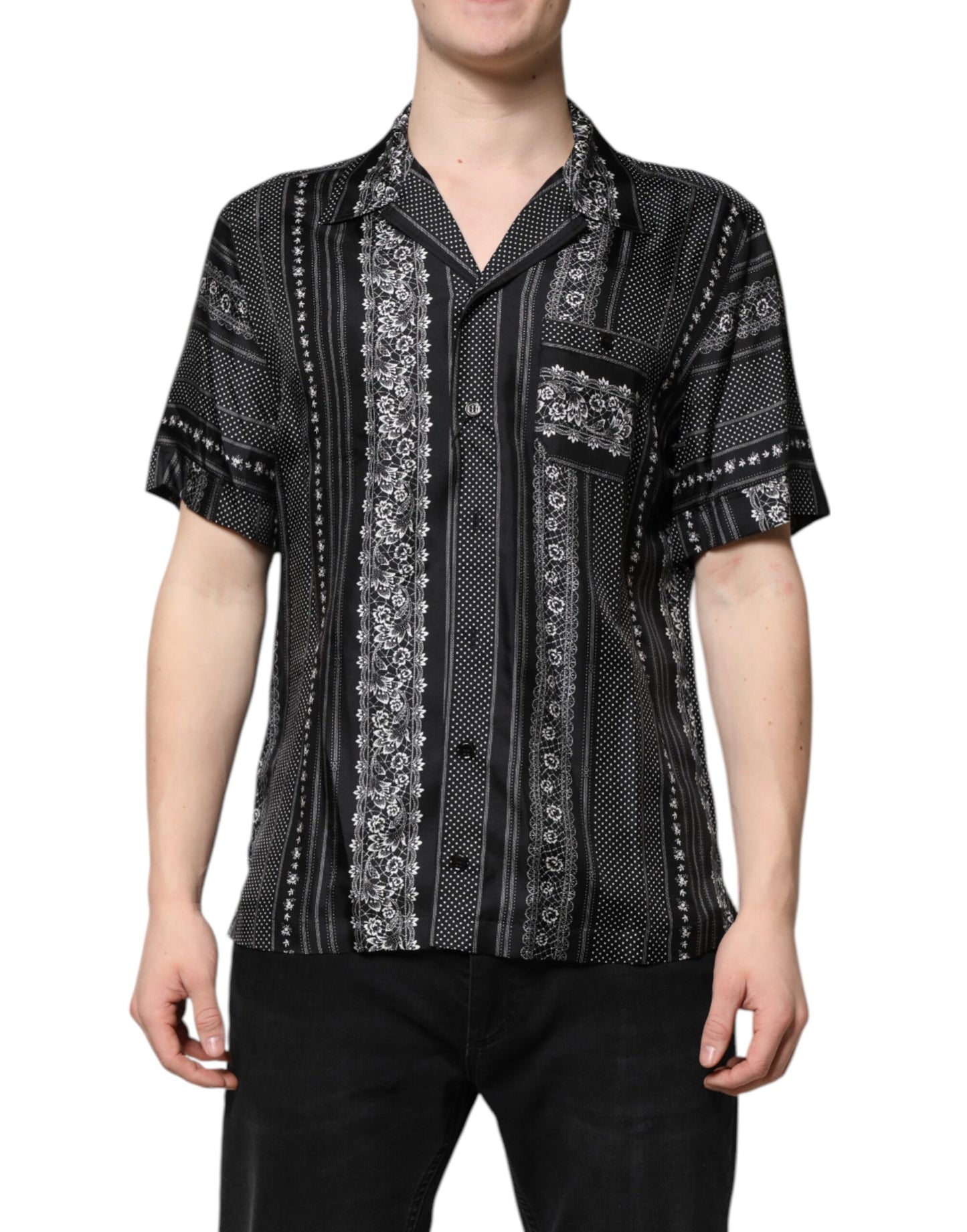 Black Silk Floral Print Short Sleeves Shirt