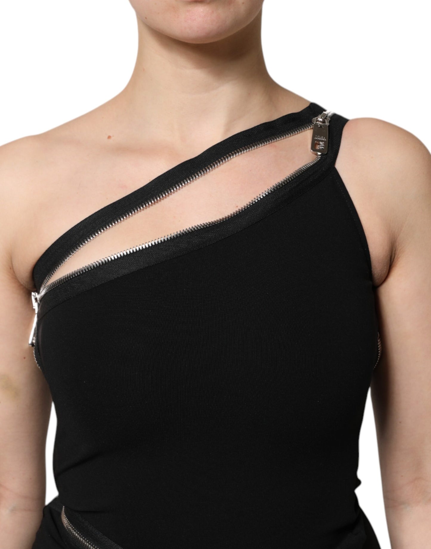 Black Viscose One Shoulder Zipper Sheath Dress