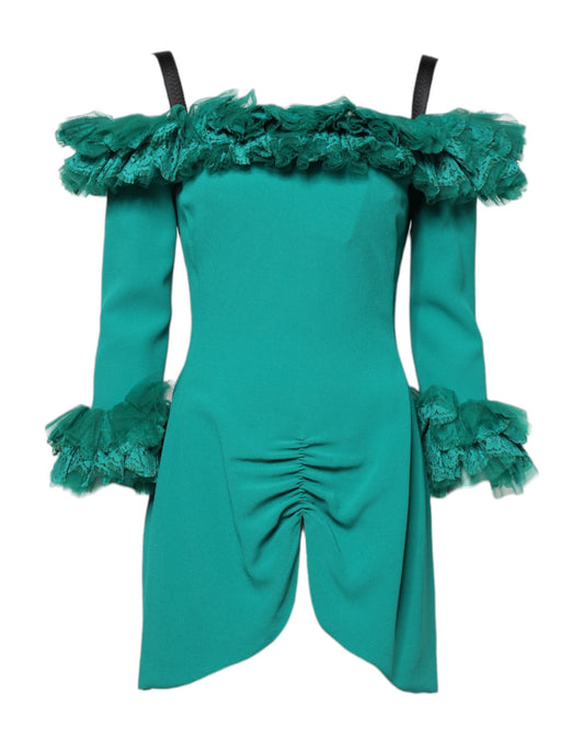 Green Lace Off Shoulder Sheath Mini Dress