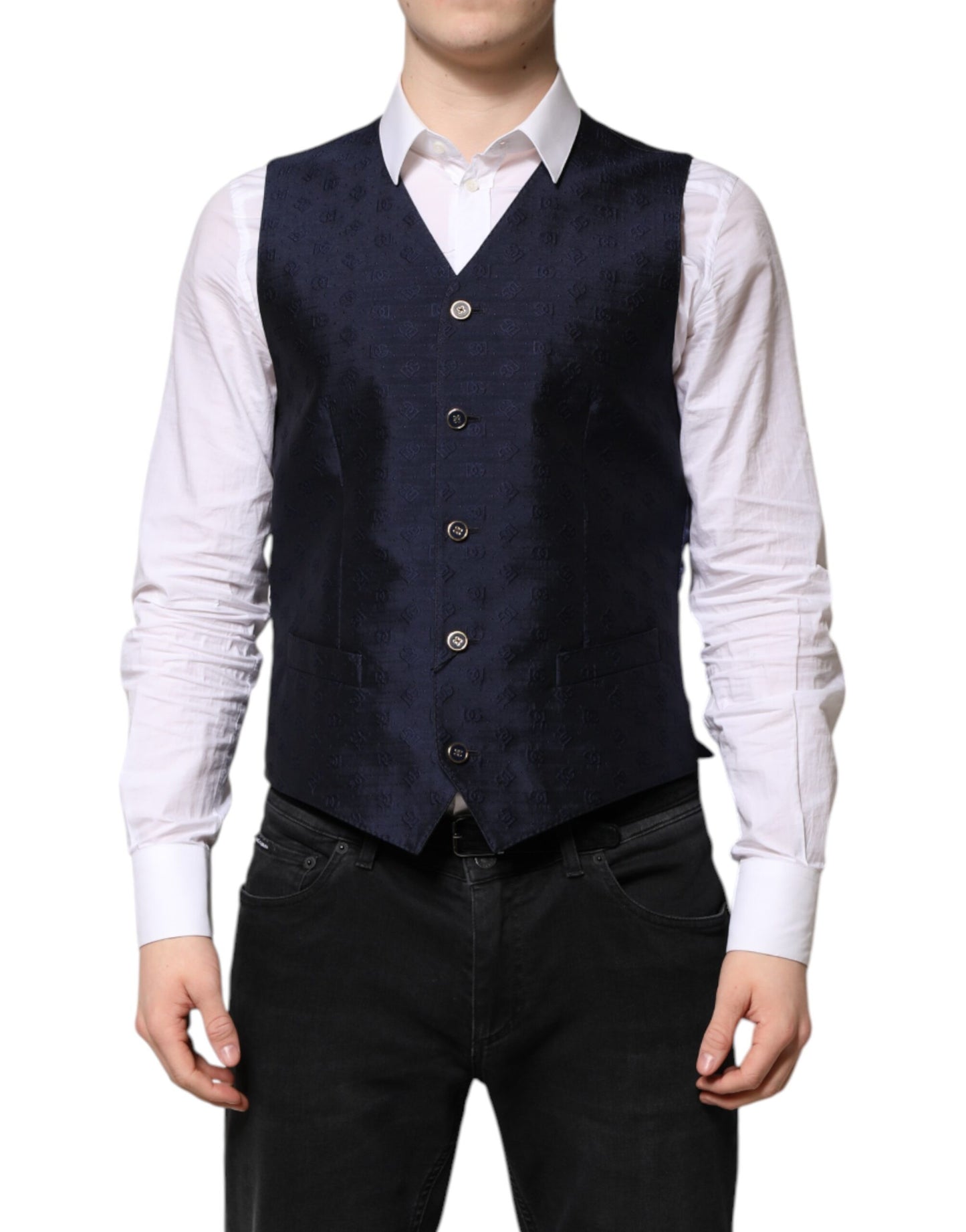 Dark Blue Logo Wool Formal Men Waistcoat Vest