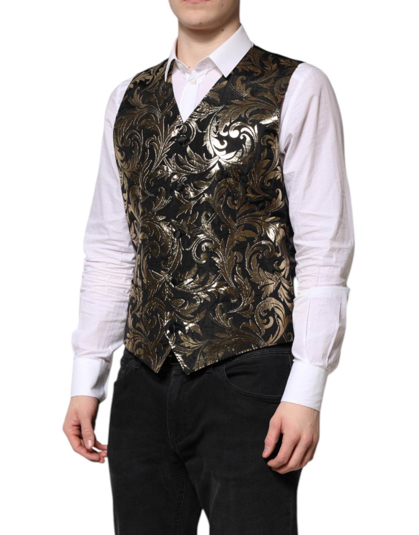 Black Gold Jacquard Formal Men Waistcoat Vest