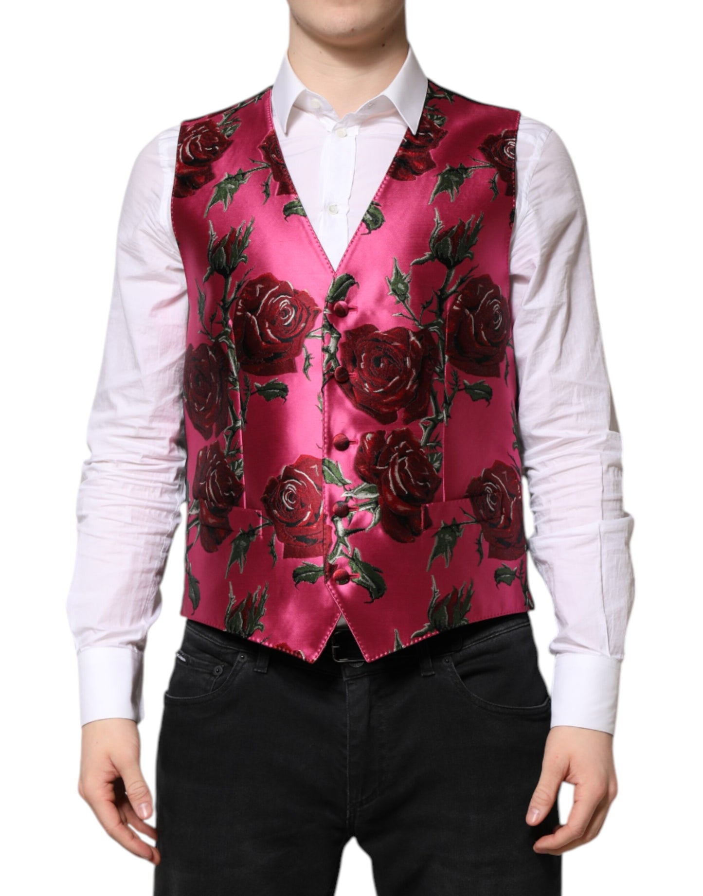 Pink Floral Satin Formal Men Waistcoat Vest