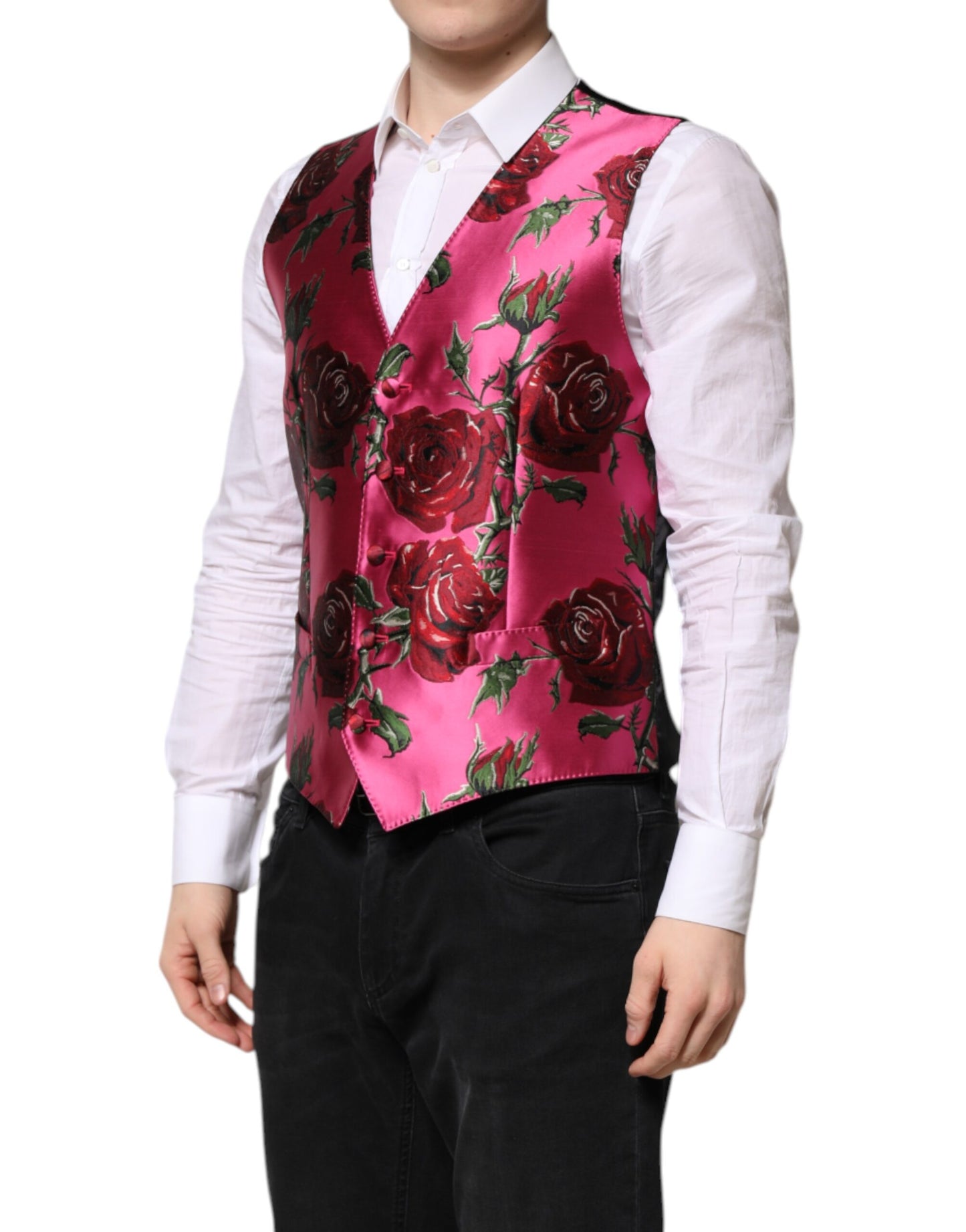 Pink Floral Satin Formal Men Waistcoat Vest