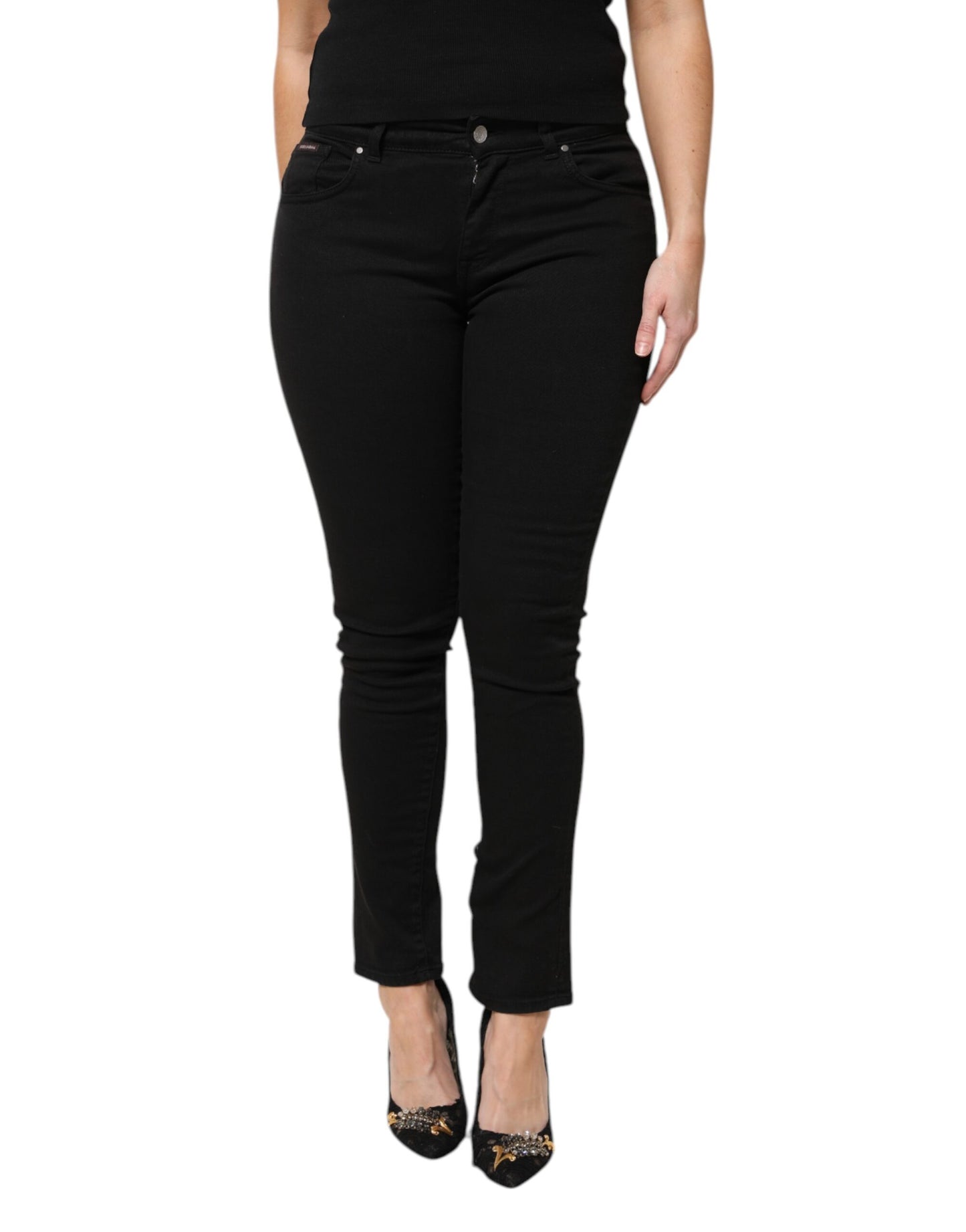 Black Cotton Logo Mid Waist Skinny Denim Jeans