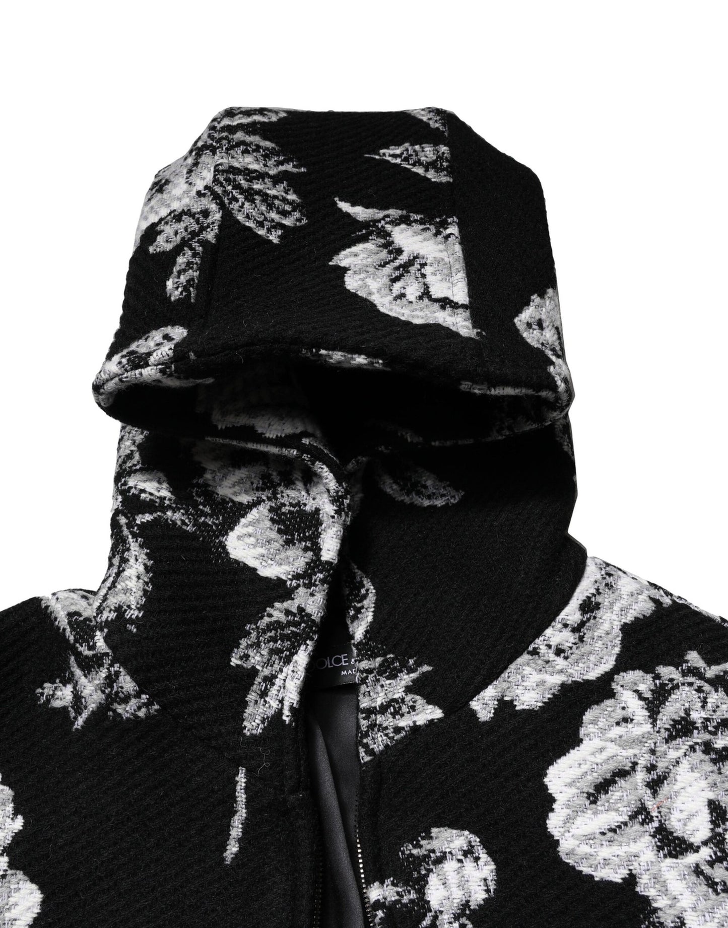 Black Wool Floral Printed Men Hooded Jacket