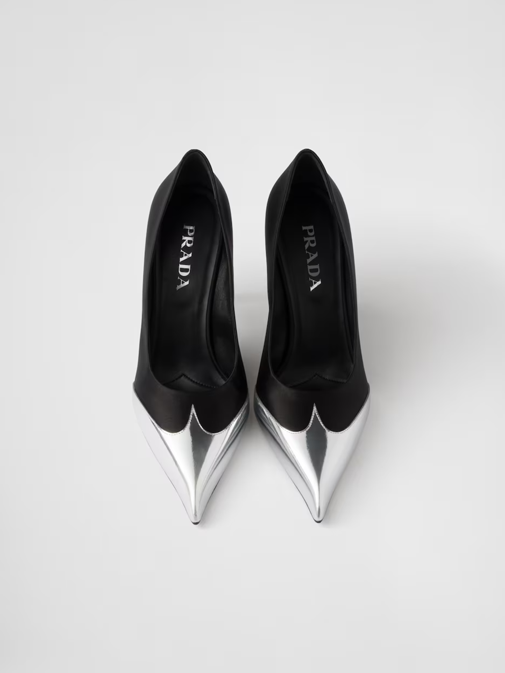 Black Satin And Metallic Silver Leather Pumps