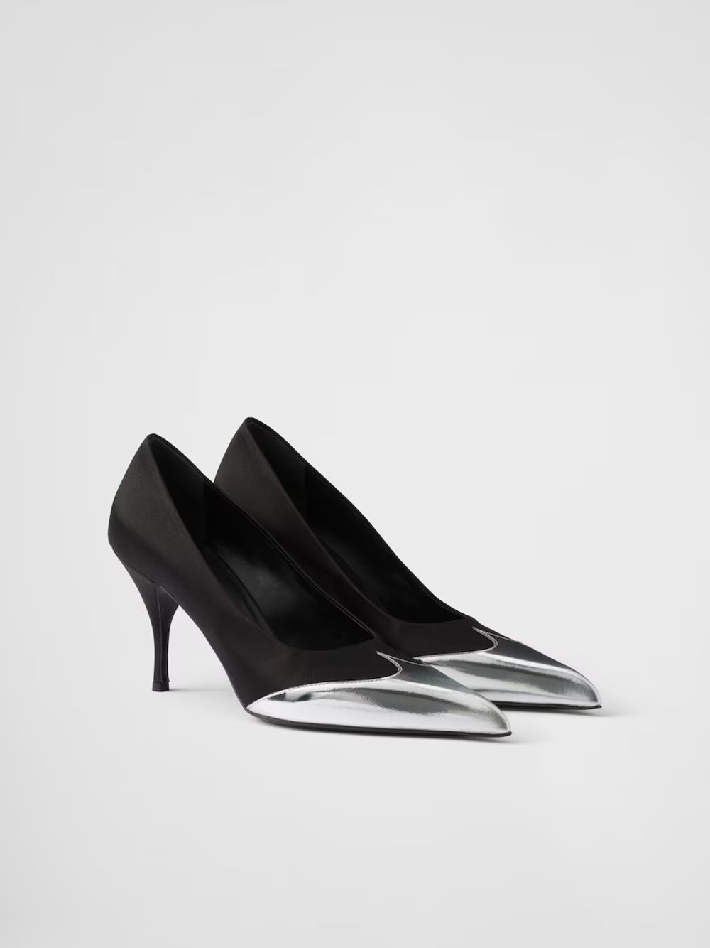 Black Satin And Metallic Silver Leather Pumps