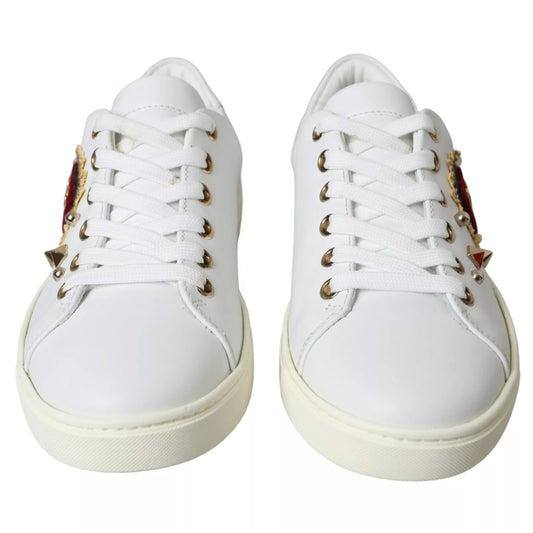 White Leather Gold Red Heart Sneakers Shoes