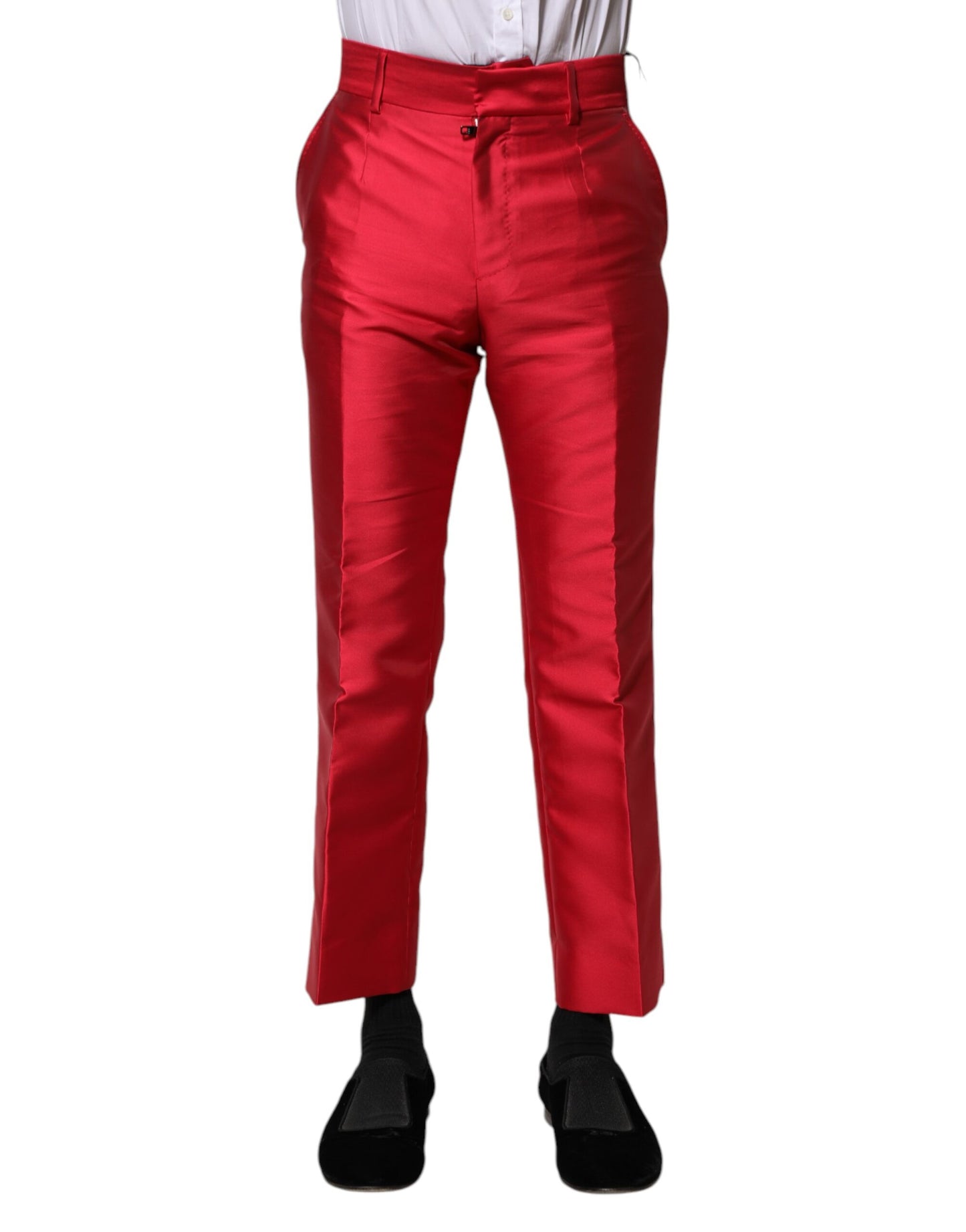 Red Polyester Cropped Dress Pants