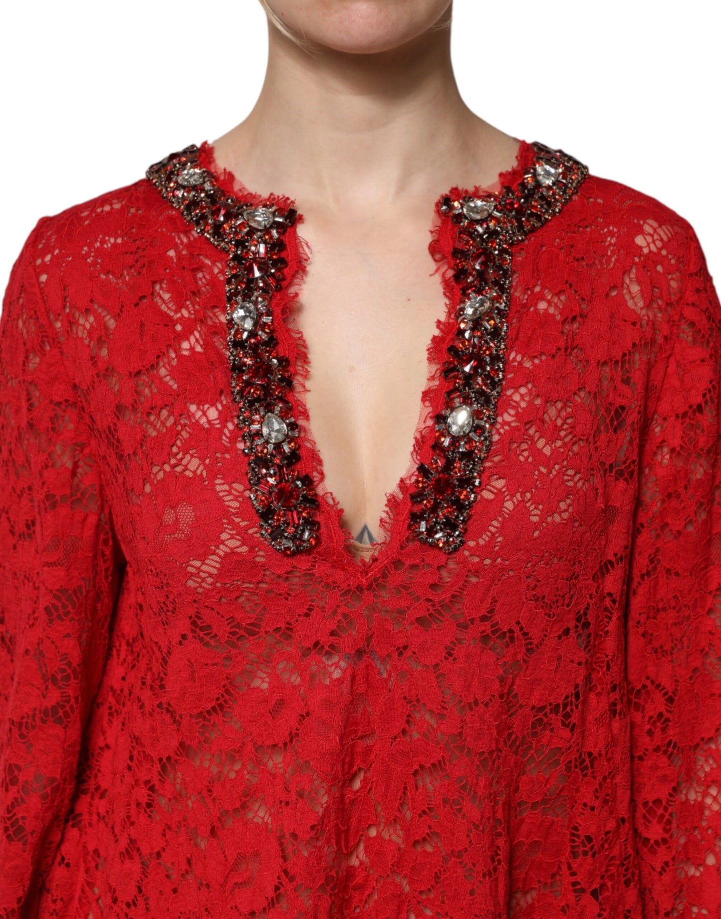 Red Floral Lace Rhinestone Embellished Dress