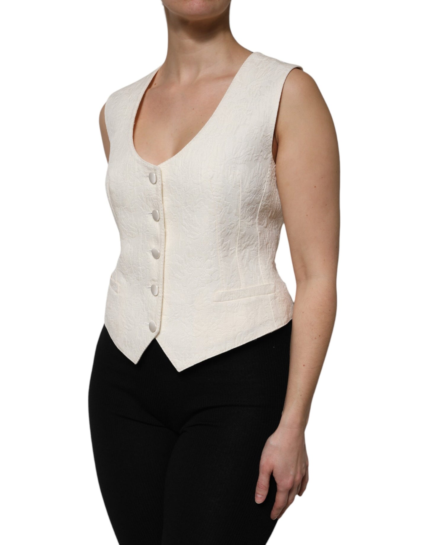 Ivory Cotton Button Down Sleeveless Vest Top
