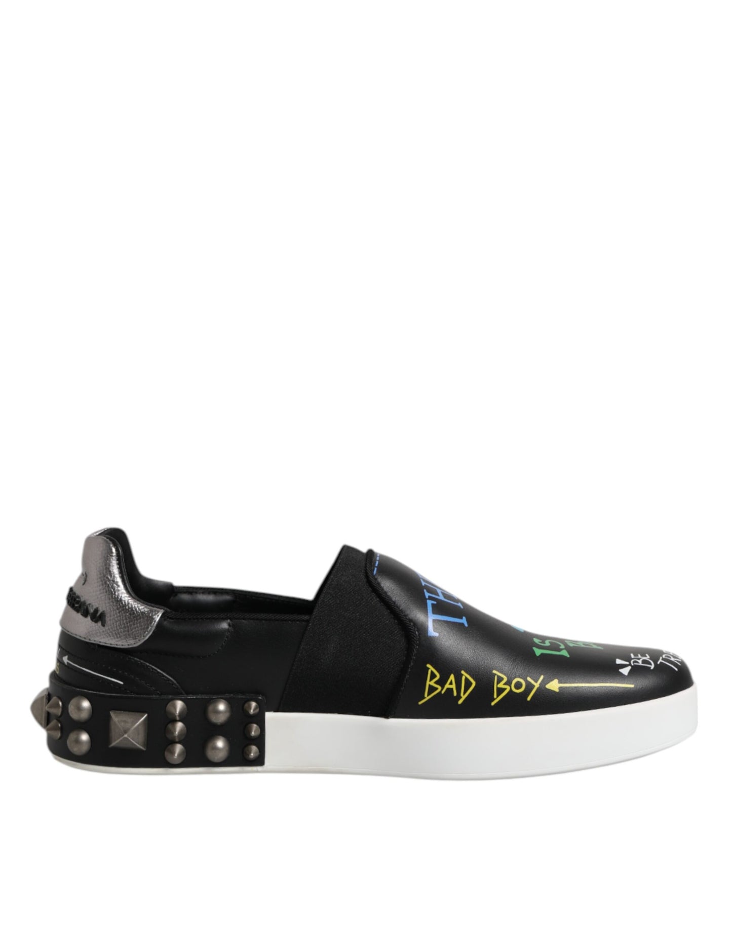 Black Leather Studded Graffiti Sneakers Shoes