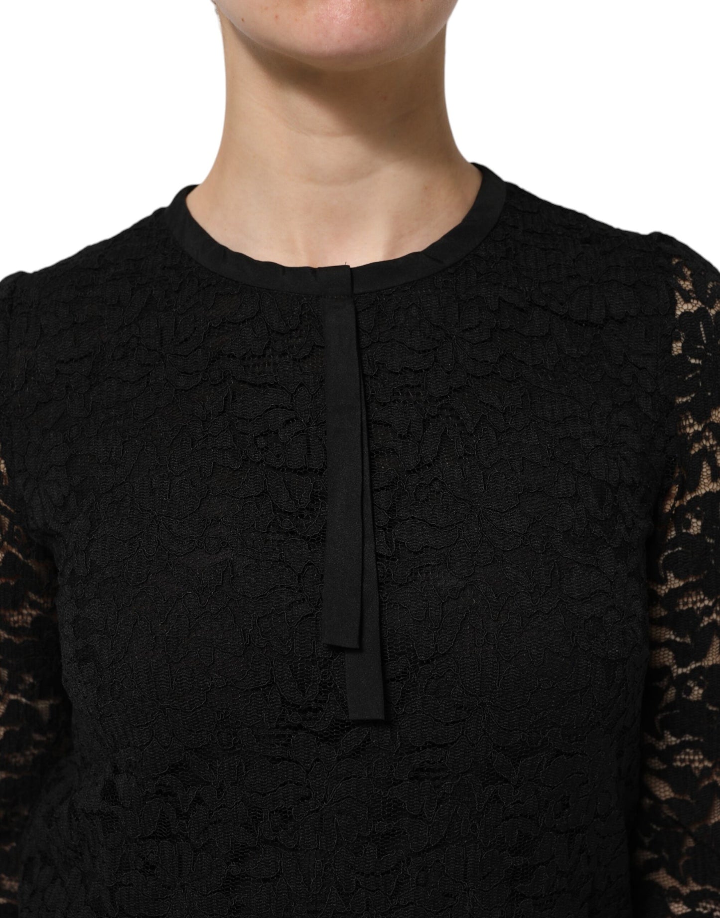 Black Nylon Lace Long Sleeve Blouse Top