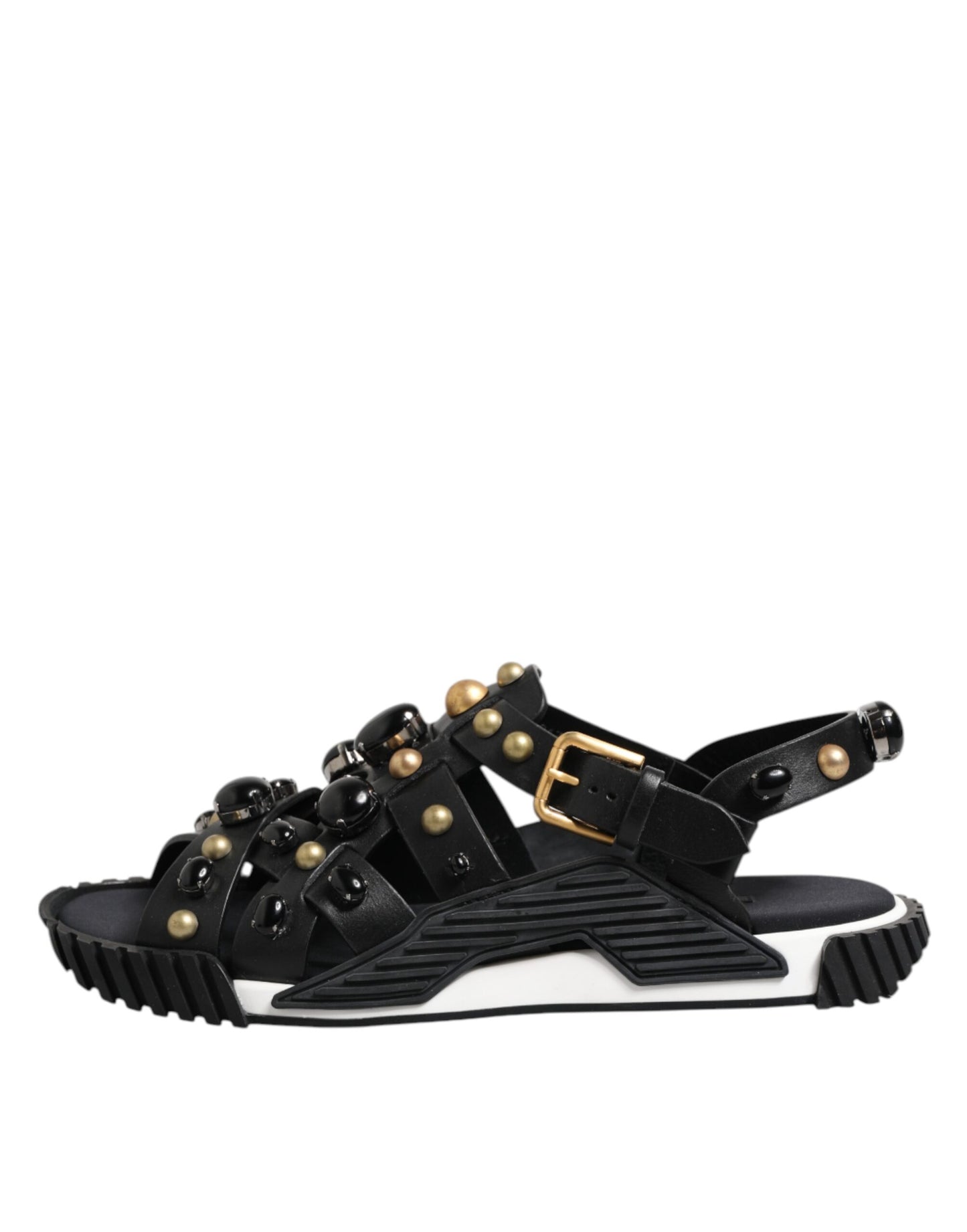 Black Leather Studded Ankle Strap Sandals Shoes