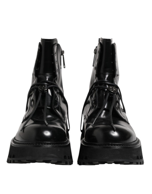 Black Leather Logo Ankle Boots Lace Up Shoes