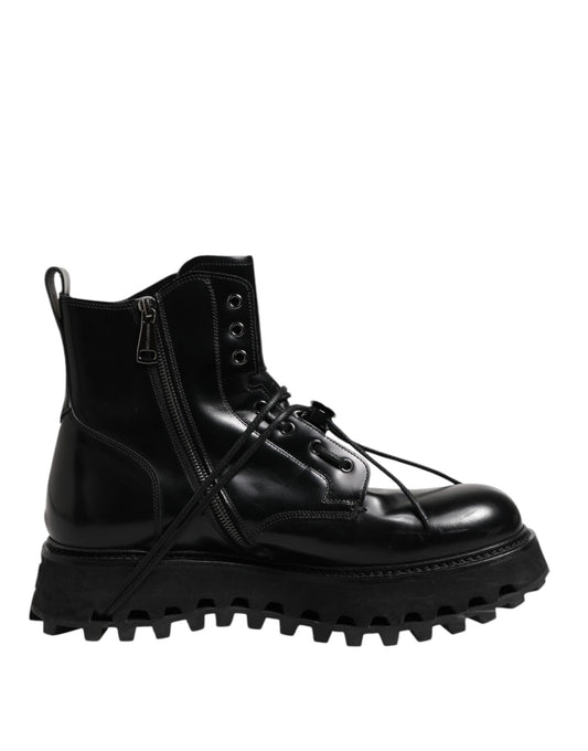 Black Leather Logo Ankle Boots Lace Up Shoes