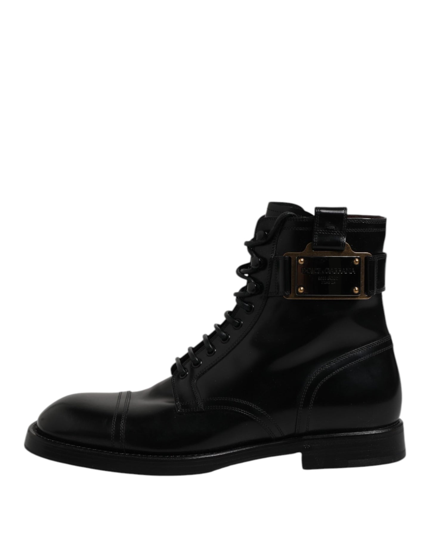 Black Leather Mid Calf Boots Lace Up Shoes