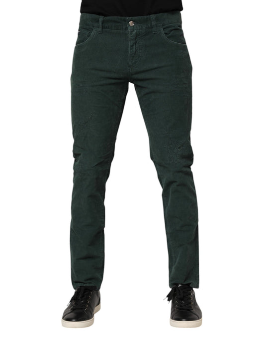 Green Cotton Corduroy Skinny Pants