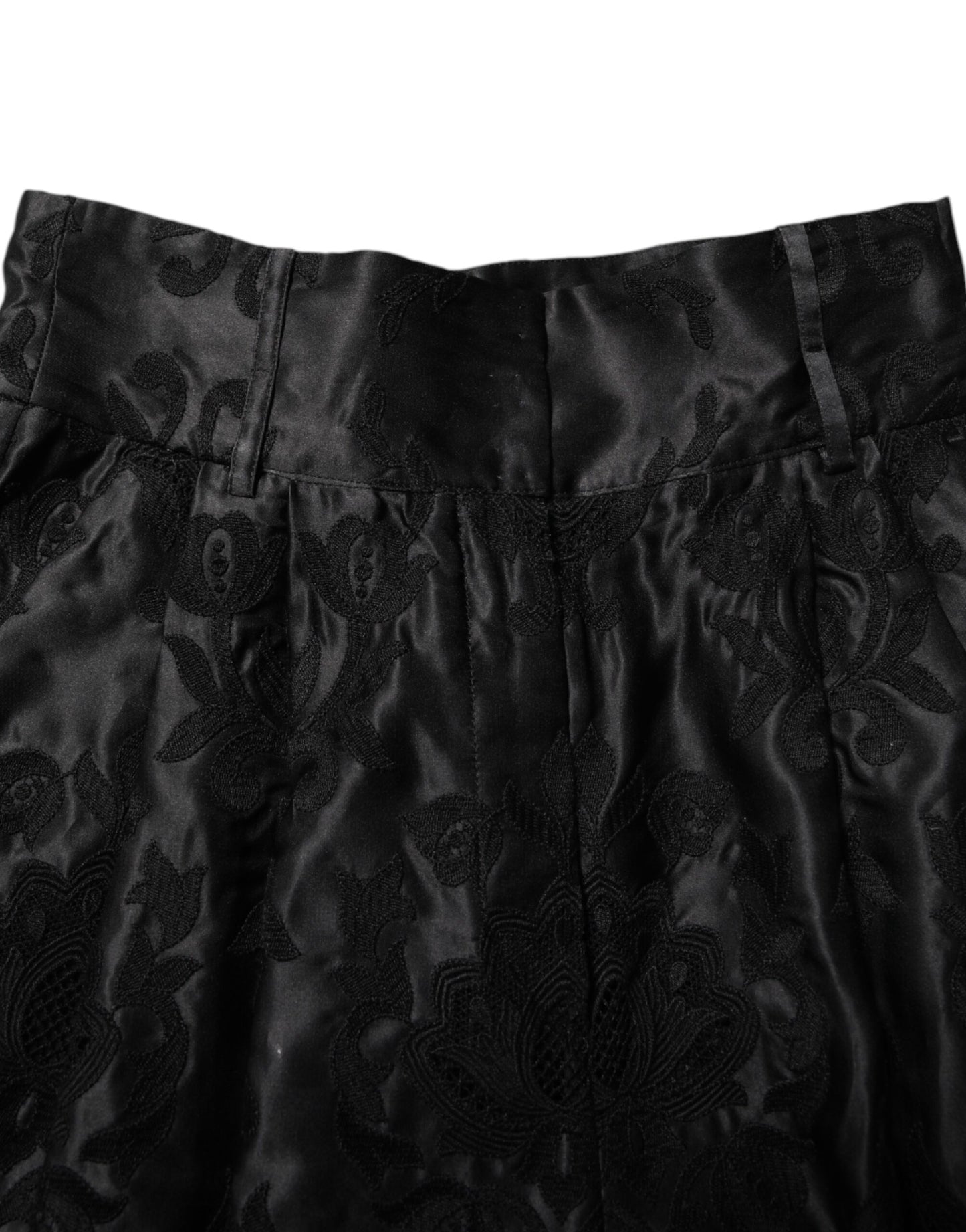 Black Floral Embroidery Silk High Waist Shorts