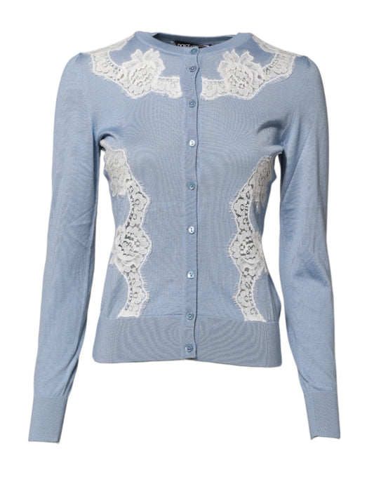 Blue Floral Lace Detailing Cardigan Sweater