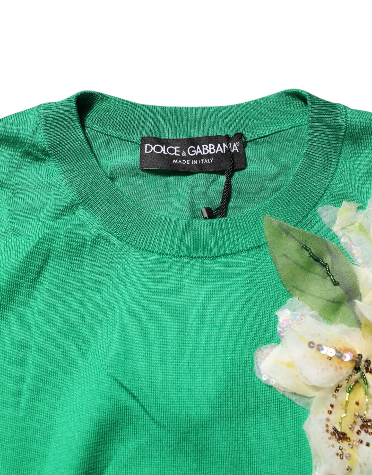 Green Floral Detailing Silk Pullover Sweater