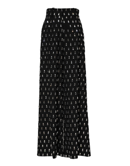 Black Crystal Embellished Wide Leg Pants