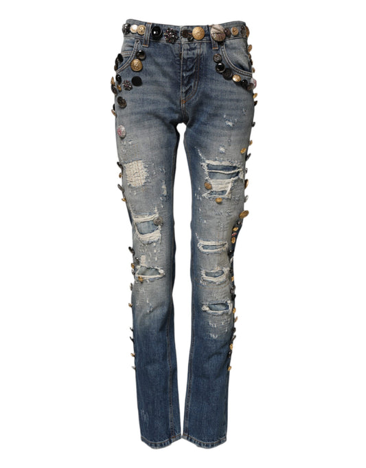 Blue Embellished Tattered SkinnyDenim Jeans
