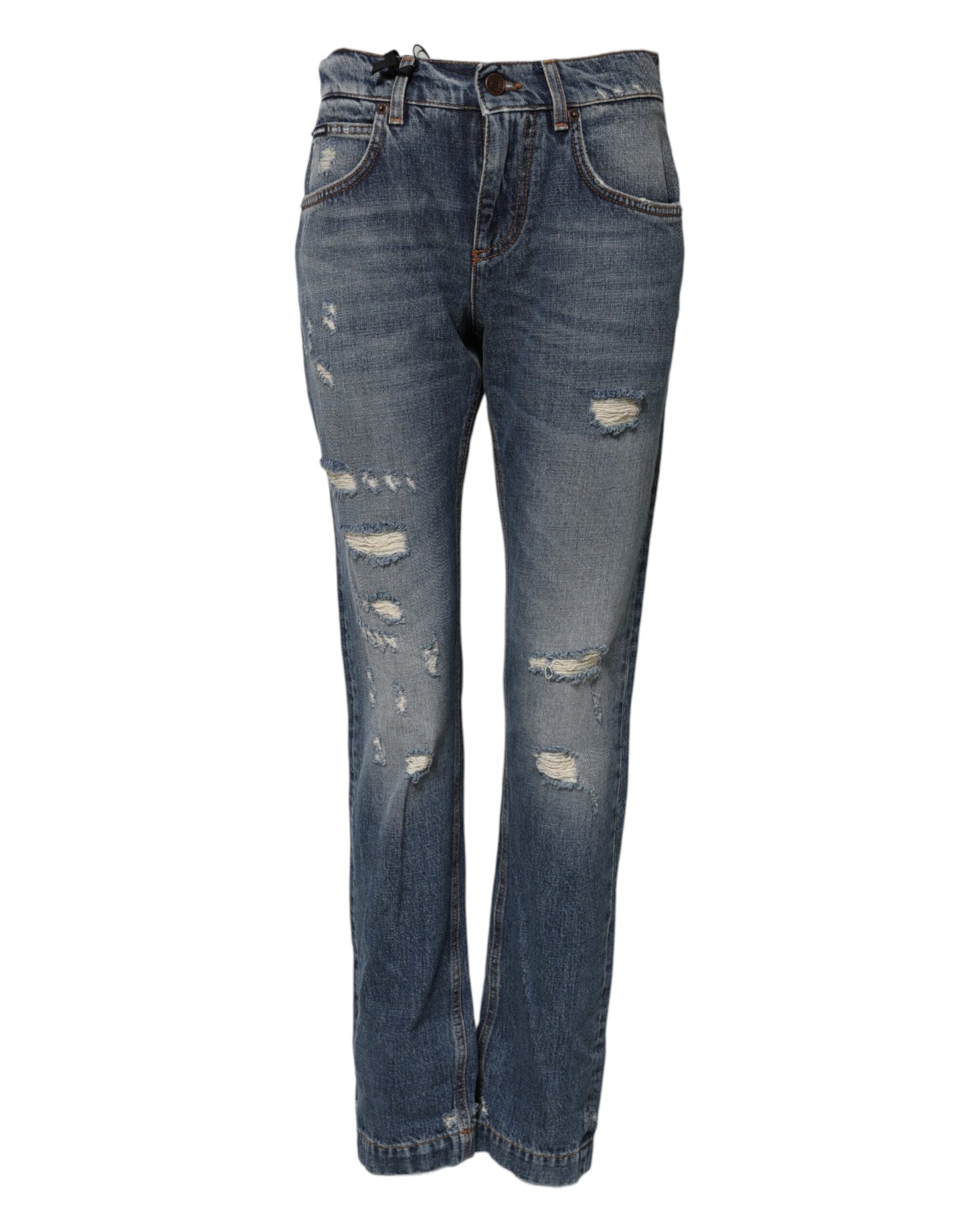 Blue Cotton Boyfriend Tattered Denim Jeans
