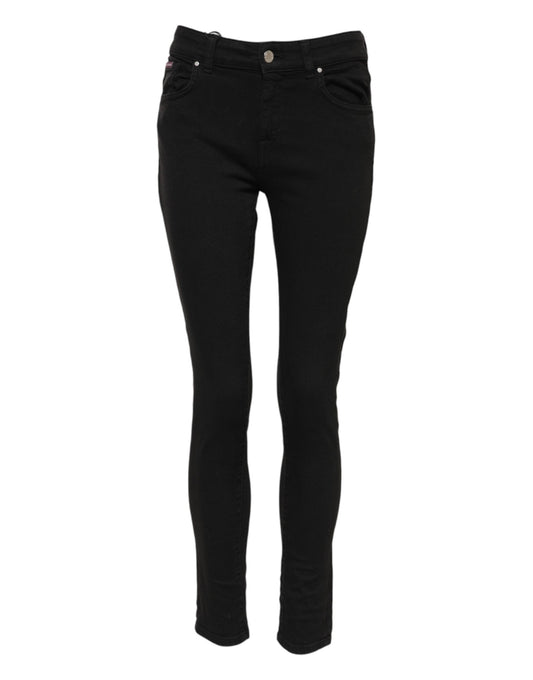 Black Cotton Logo Skinny Mid Waist Denim Jeans