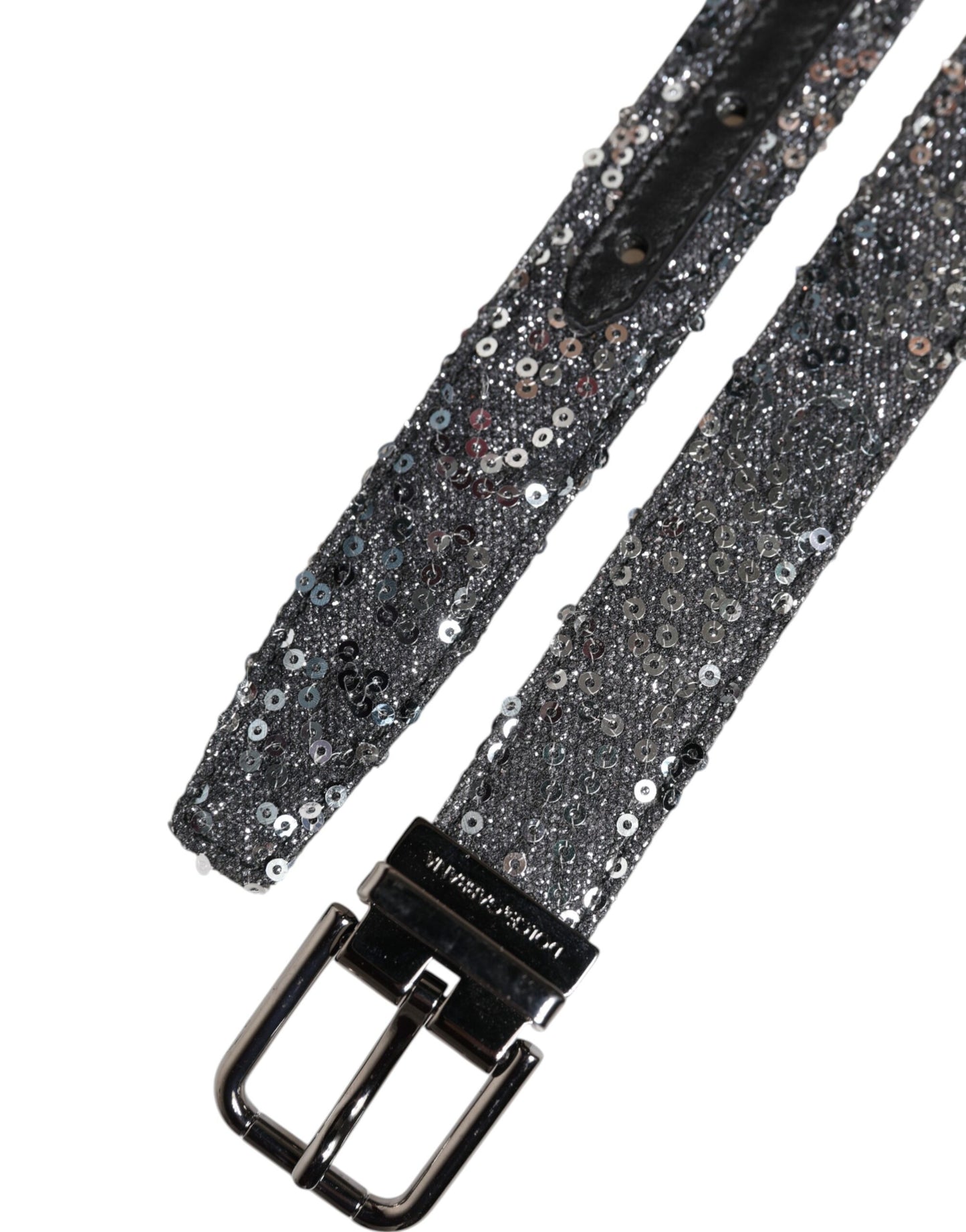 Black Sequins Silver Metal Logo Buckle Belt