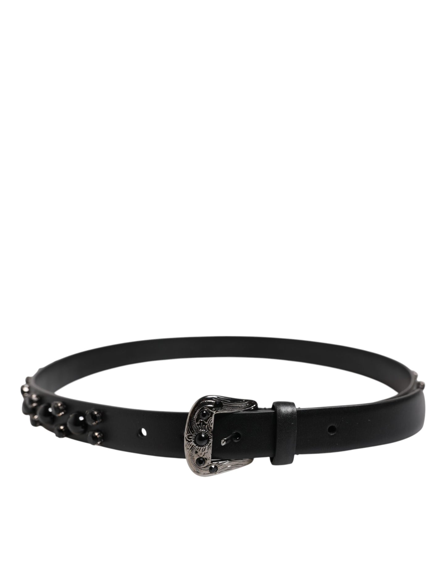 Black Studded Leather Metal Logo Buckle Belt
