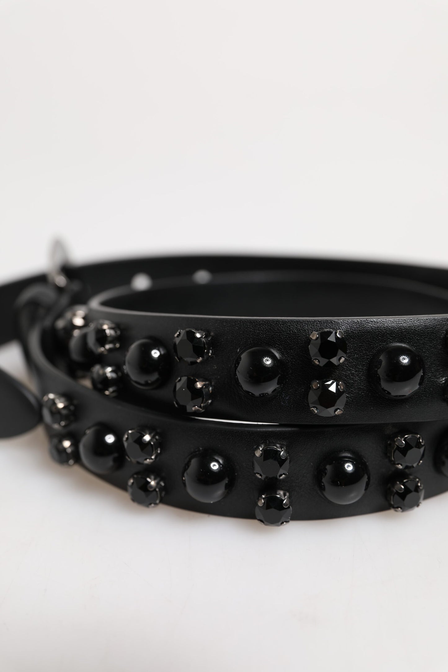 Black Studded Leather Metal Logo Buckle Belt