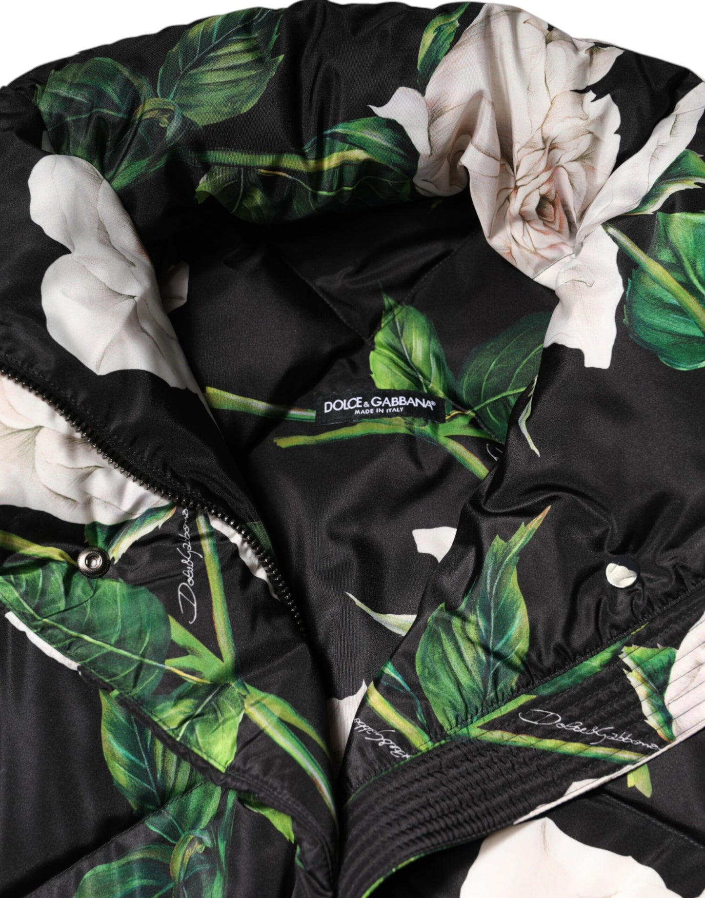 Black Floral Print Puffer Quilted Jacket