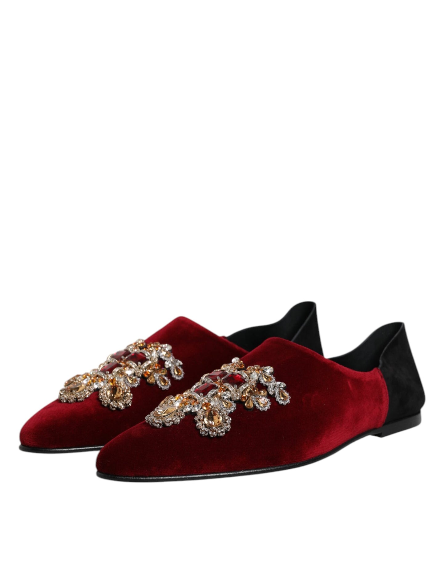 Black Red Velvet Embellished Slip On Shoes