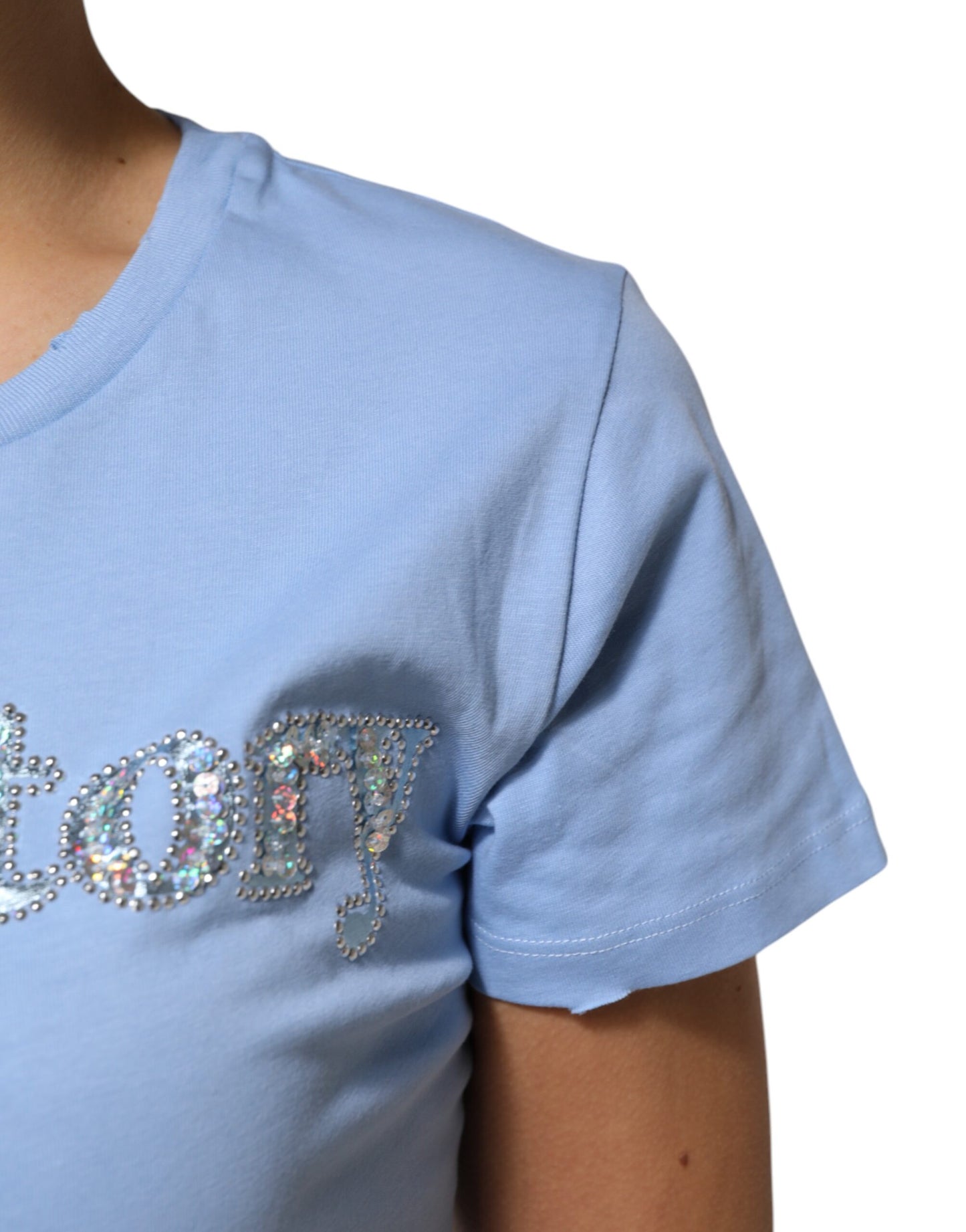 Blue Love Story Sequined Embellished Short Sleeves T-shirt