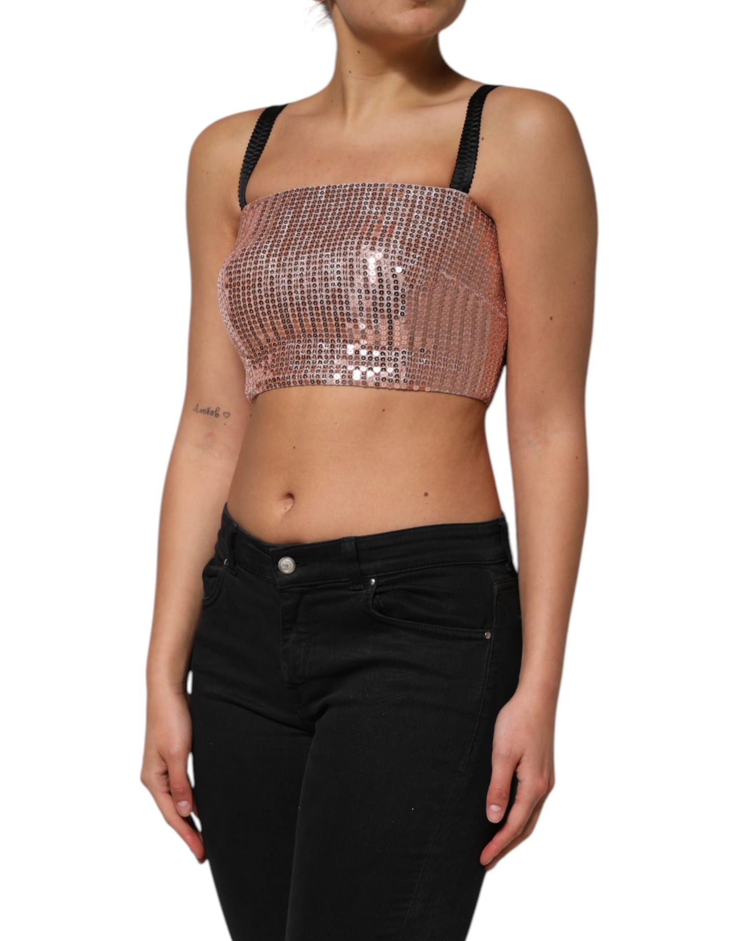 Pink Sequined Nylon Sleeveless Cropped Top