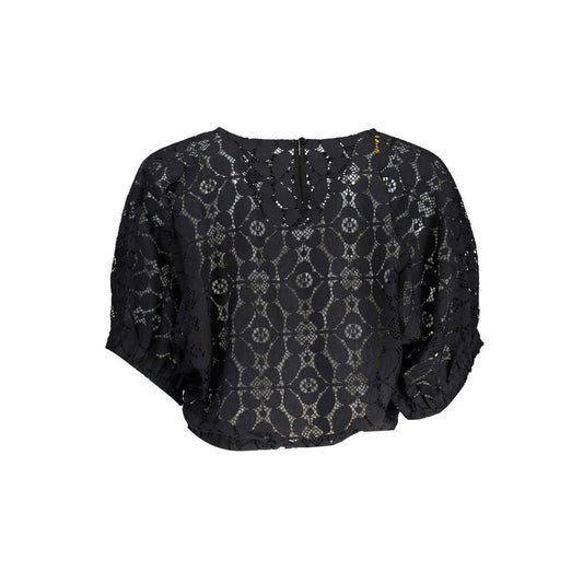 "Black Polyester Women Blouse with Contrasting Elastic Waistband"